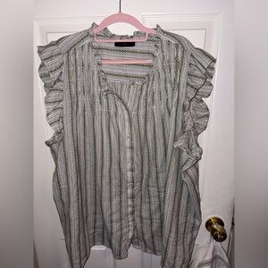 Lane Bryant Olive and White Striped Ruffle Sleeve Button-Up Top